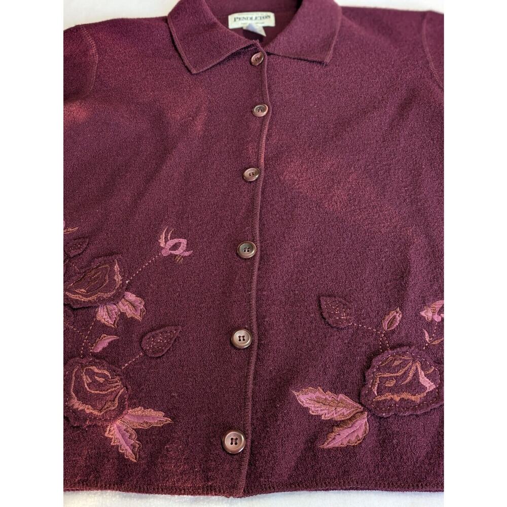 Pendleton Cardigan Sweater Burgundy Embroidered Applique Medium Grandma Floral - Picture 2 of 9
